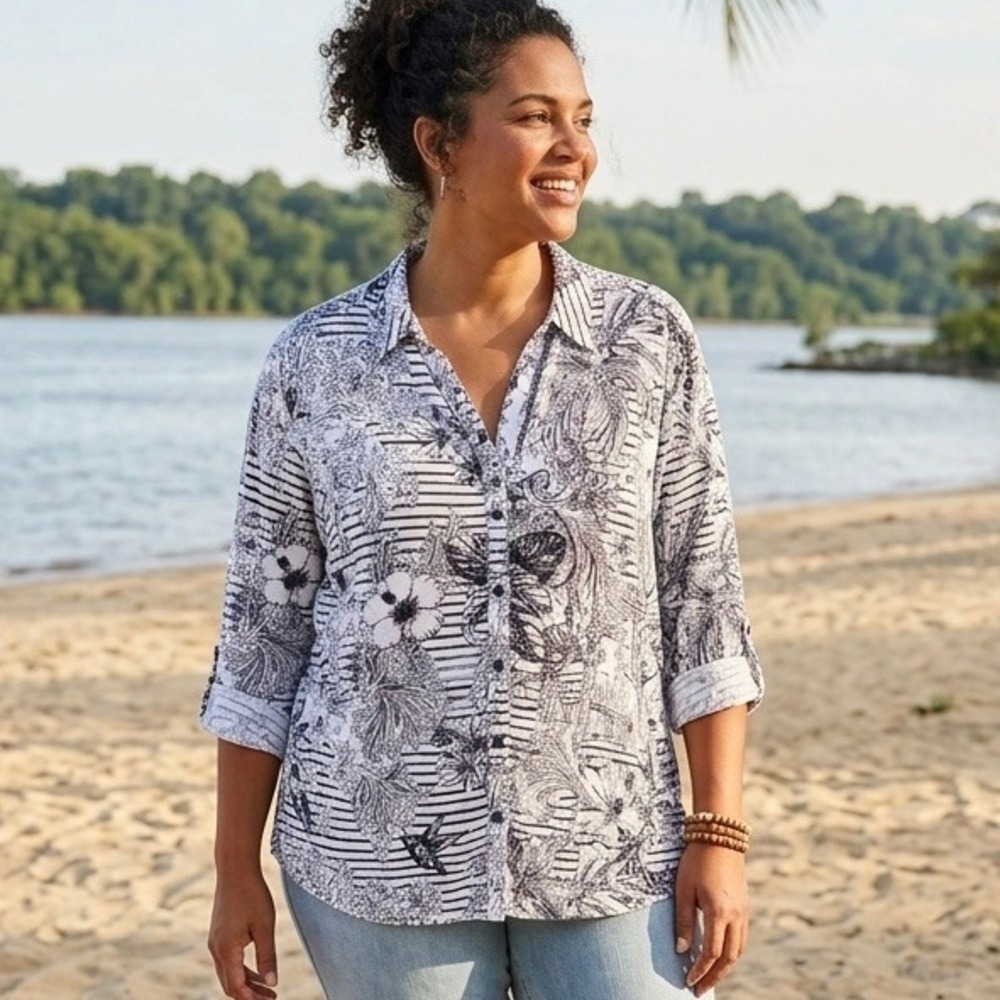 Chicos Women Navy White Striped Tropical Floral Roll Tab Button Down Shirt 3, XL
